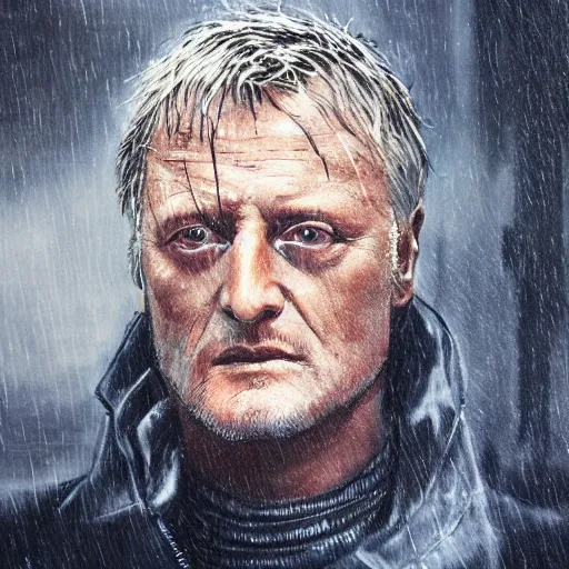 Image similar to cinematic portrait of rutger hauer in blade runner 2 0 4 9, perfect face, neon rain, moody, elegant, by alyssa monks, highly detailed, symmetrical face, fine details, masterpiece, trending on artstation