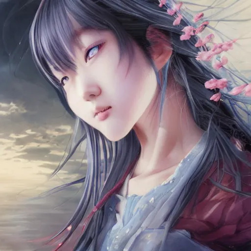 Image similar to dynamic composition, motion, ultra-detailed, incredibly detailed, a lot of details, amazing fine details and brush strokes, colorful and grayish palette, smooth, HD semirealistic anime CG concept art digital painting, watercolor oil painting of a young C-Pop idol girl, by a Chinese artist at ArtStation, by Huang Guangjian, Fenghua Zhong, Ruan Jia, Xin Jin and Wei Chang. Realistic artwork of a Chinese videogame, gradients, gentle an harmonic grayish colors.