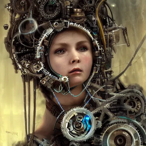 Prompt: portrait of a mechanical fairy with fairy wings, gears, wires and cables, detailed, 4k, in the style of Craig Mullins and James Gurney