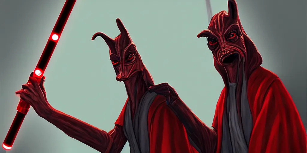 Image similar to jar jar binks as a sith lord, holding a red lightsaber, in the style of artstation