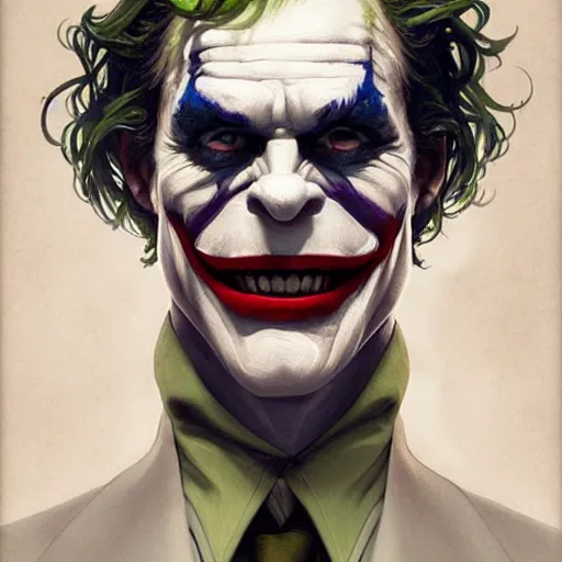 Image similar to [Rossi de Palma as the Joker, closeup, D&D, intricate, elegant, highly detailed, digital painting, artstation, concept art, matte, sharp focus, illustration, art by Artgerm and Greg Rutkowski and Alphonse Mucha]