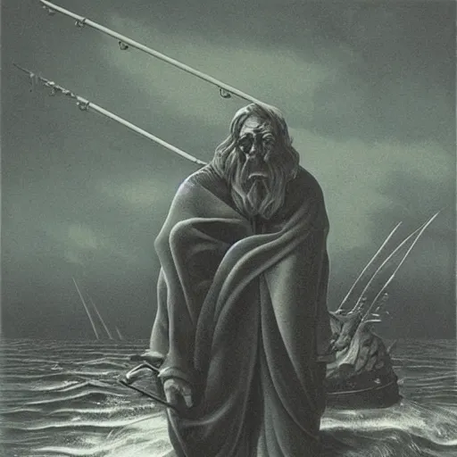 Image similar to retro dark vintage sci-fi, 2D matte illustration, old fisherman fishing, art by Szukalski, Beksinski