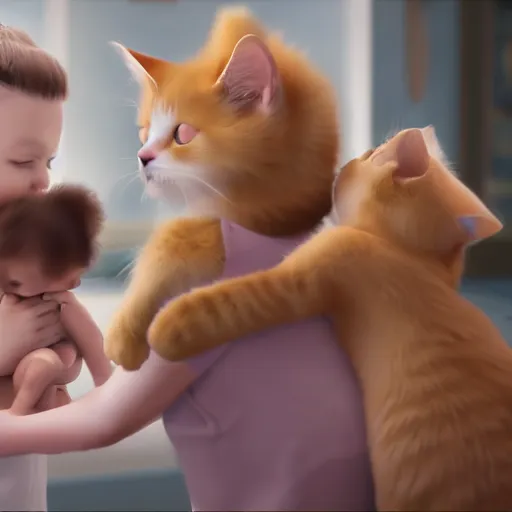 Prompt: 2 cats hold a baby human, cinematic, unreal engine, high quality, detailed