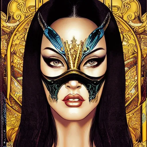 Prompt: portrait of megan fox wearing venetian mask, symmetrical, by yoichi hatakenaka, masamune shirow, moebius and dan mumford, ayami kojima, takato yamamoto, barclay shaw, karol bak, yukito kishiro