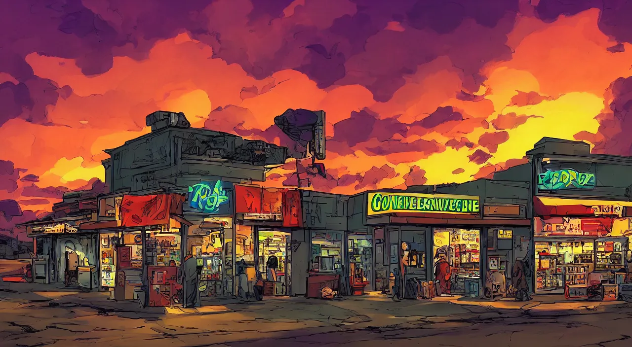 Prompt: convenience store roadside south west sunset sky beautiful artstation 4 k breathtaking graphic novel concept art illustration cartoon by jack kirby