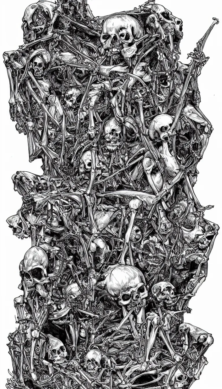 Prompt: human skeletons fused together into a royal throne, black and white, intricate, very detailed, in the style of mark riddick,