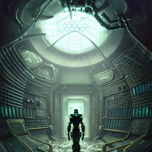 Image similar to low angle shot of a cyberpunk robot character inside a chernobyl room, intricate, elegant, highly detailed, centered, digital painting, artstation, concept art, smooth, sharp focus, illustration, artgerm, tomasz alen kopera, peter mohrbacher, donato giancola, joseph christian leyendecker, wlop, boris vallejo