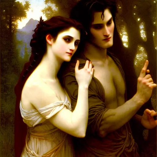 Image similar to twilight portrait of edward and bella in ancient forest by william - adolphe bouguereau in the style of gaston bussiere, art nouveau