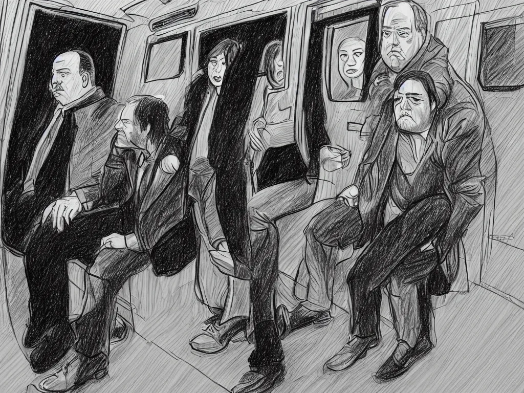 Prompt: a drawing by Jaime Hernandez, a low angle medium shot of two people sitting in an empty Chicago subway train, in front of windows: a sad Aubrey Plaza wearing a winter coat and a man who looks like a mix of (Louis CK and Philip Seymour Hoffman) in a suit