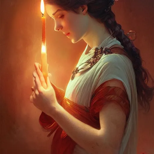 Prompt: girl in love, candle light, highly detailed, digital painting, cgsociety , concept art, sharp focus, illustration, art by artgerm and greg rutkowski and alphonse mucha