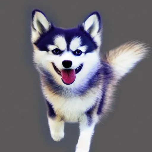 Prompt: a drawing of a Pomsky with blue eyes jumping