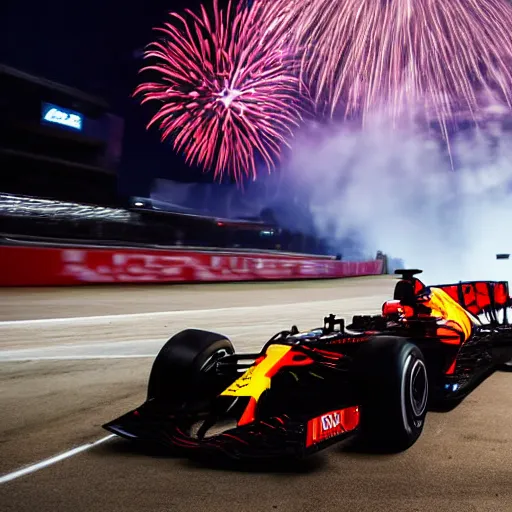 Prompt: portrait of max verstappen getting out of a mercedes f 1 car, dramatic shot, great photography, ambient light, night time, fireworks in the background