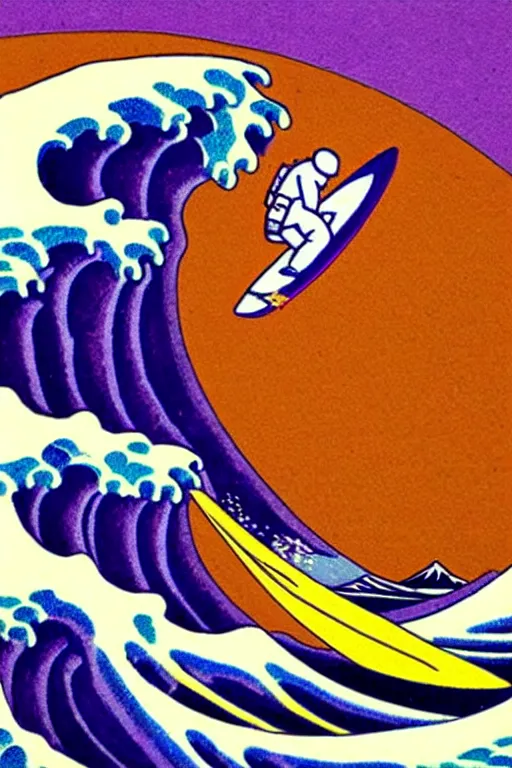 Image similar to an astronaut surfing the great wave off kanagawa on a purple surboard