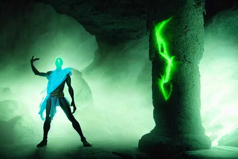 Image similar to vfx film, soul reaver, raziel irl, price of persia movie, missing jaw, hero pose, devouring magic souls, glowing green soul blade, in epic ancient sacred huge cave temple, flat color profile low - key lighting award winning photography arri alexa cinematography, hyper real photorealistic cinematic beautiful, atmospheric cool colorgrade