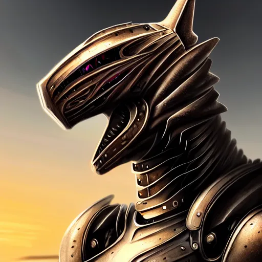 Prompt: epic beautiful bust shot, realistic detailed stunning armored anthropomorphic robot female dragon, doing an elegant pose, looking to the side, sleek streamlined armor and design, sharp claws, Slick LEDs, standing on two legs, on the beach during sunset, high quality, cinematic art, sunset lighting, artstation, deviantart, furaffinity