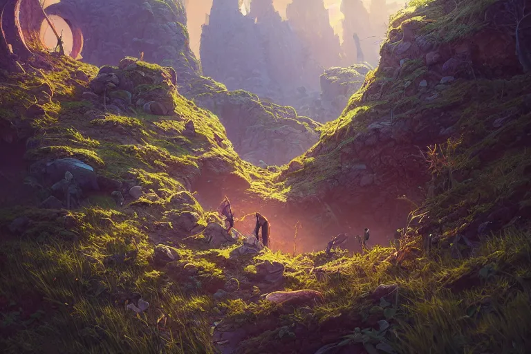 Image similar to highly detailed rock crumbles, stephen bliss, unreal engine, greg rutkowski, loish, rhads, beeple, makoto shinkai and lois van baarle, ilya kuvshinov, rossdraws, tom bagshaw, alphonse mucha, global illumination, god rays, detailed and intricate environment