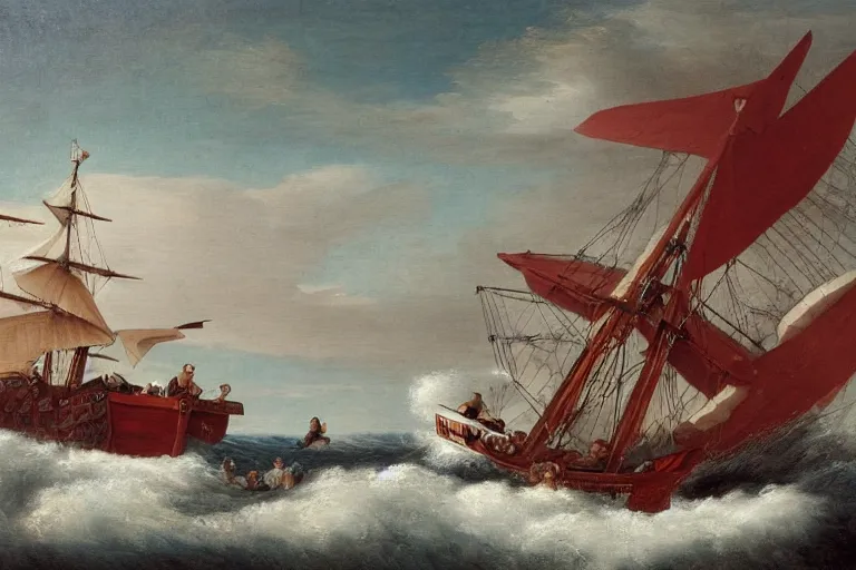 Prompt: an old 1 8 th century boat chasing a whale, the boat is filled with football players, the whale tail breaks the surface american oil painting in a frame