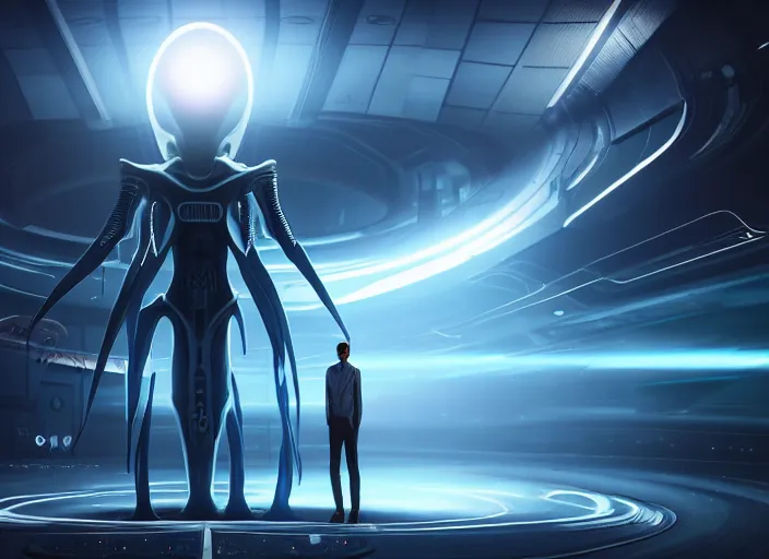 Image similar to medium shot, an alien with beautiful glowing eyes, detailed symmetrical face and skin, wearing a long flowing cloth shirt over stylish large futuristic suit poses beside an outpost with tall detailed structures with lights at night, incredible detail, anamorphic 2 0 mm lens cinematic flare