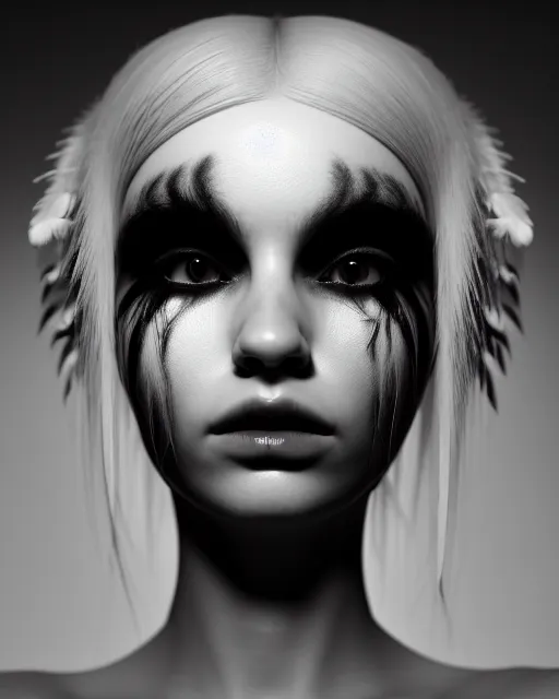 Prompt: surreal mythical dreamy dark artistic black and white fine art 3 / 4 portrait photo of a young delicate mutant female - cyborg with long pale feather hair, rim light, cinematic, studio dramatic light, poetic, octane render, 8 k, photo - realistic