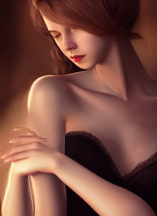 Prompt: young woman beautiful face : : black lace peignoir : : night home bed : : weta disney pixar movie still photo : : decadent highly - detailed digital painting, soft light, full length shot, golden ratio, octane render, artstation, smooth, sharp focus, artgerm, mucha, loish, wlop, gogo