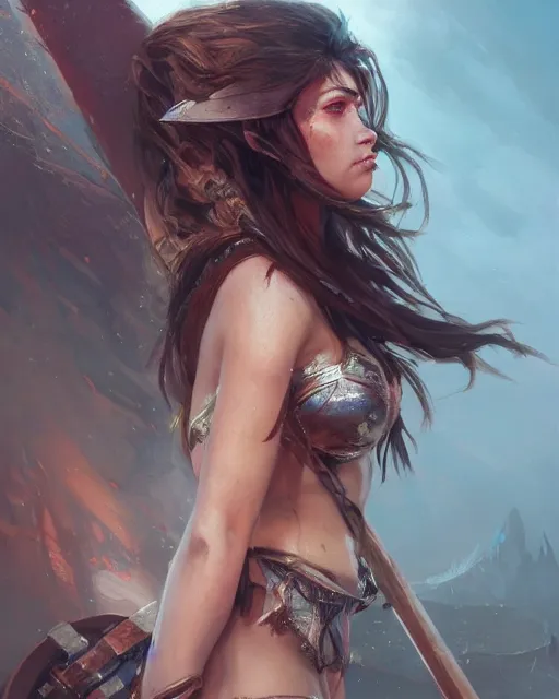 Image similar to A thick beautiful female warrior posing on a boat, bikini, beautiful face, close-up, fantasy woman, fantasy art, in the style of greg rutkowski, illustration, epic, fantasy, intricate, hyper detailed, artstation, concept art, smooth, sharp focus, ray tracing, profile shot