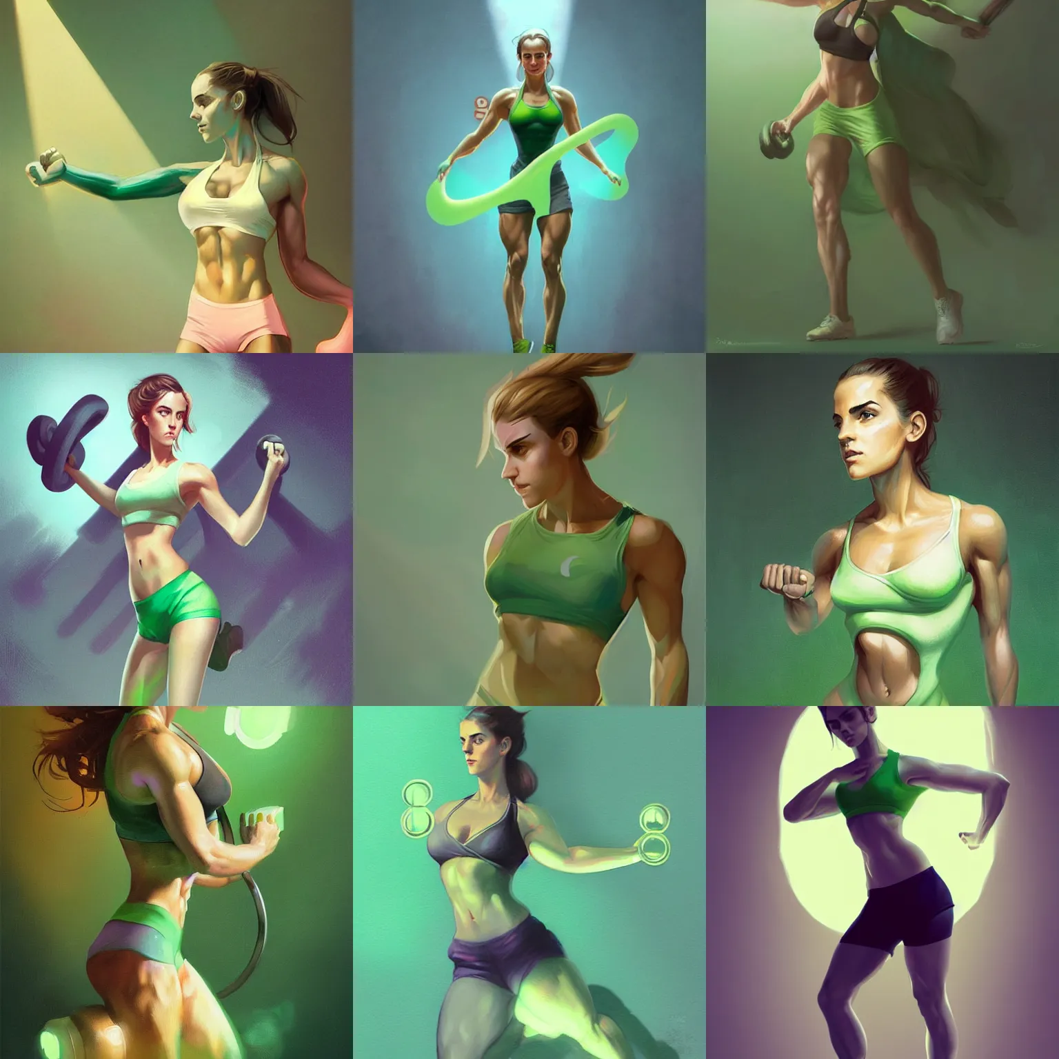 Prompt: cute fitness girl by peter mohrbacher, emma watson, dynamic lighting, gradient pastel green