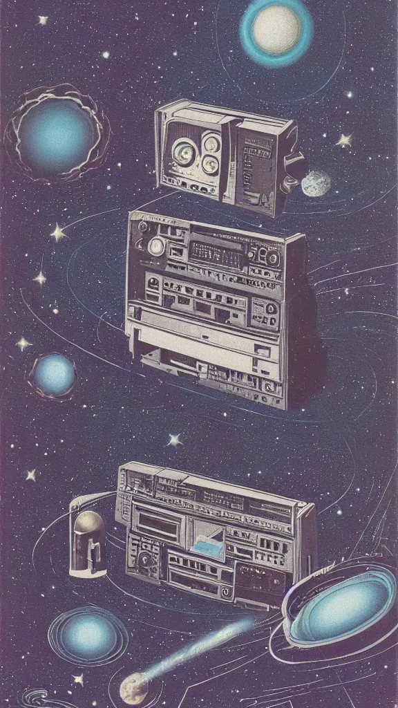 Prompt: 1 9 8 0 s airbrush surrealism illustration of a radio over a cosmic landscape by ryo ohshita