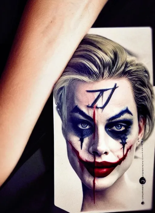 Image similar to beautiful margot robbie with joker makeup tattoo design, holding an ace card, black and white, realism tattoo, hyper realistic, highly detailed