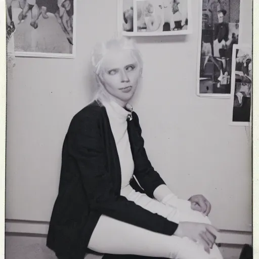 Image similar to Platinum-blonde-haired hime-cut blue-eyed French empress wearing white leggings, black jacket, boots, sitting in public housing apartment, Polaroid photo