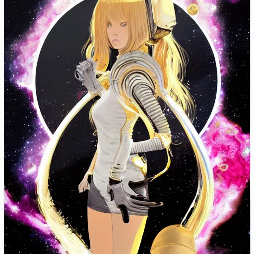 Prompt: highly detailed portrait of a hopeful young astronaut lady with a wavy blonde hair and golden spacesuit, by Dustin Nguyen, Akihiko Yoshida, Greg Tocchini, Greg Rutkowski, Cliff Chiang, 4k resolution, ibiza nightclub dancing inspired, nier:automata inspired, drackenguard inspired, vibrant but dreary gold, silver, opal, pink, diamond black and white color scheme!!! ((Space nebula nightlife background))