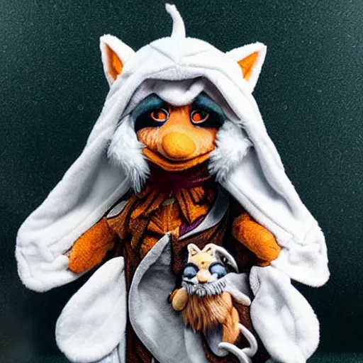 Prompt: dungeons and dragons foxfolk wizard druid as a chibi muppet plush wearing an ethereal star filled mage robe inspired by Aaravos from dragon prince, photorealistic, photography, national geographic, sesame street