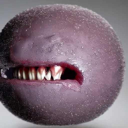 Prompt: teeth and hairy ball in transparent goo