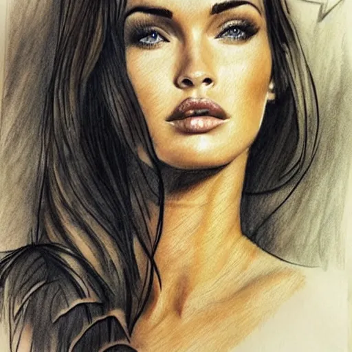 Image similar to realism tattoo sketch of double exposure megan fox with beautiful mountain scenery, in the style of andrey lukovnikov