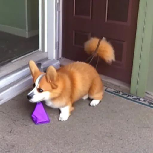 Image similar to front door security camera footage of a corgi mistaken as a delivery package