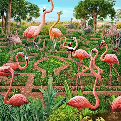 Prompt: a garden maze with flamingos and giraffes looking over the maze, detailed painting, masterpiece, by Geof Darrow, WLOP and artgerm, stark light and shadow