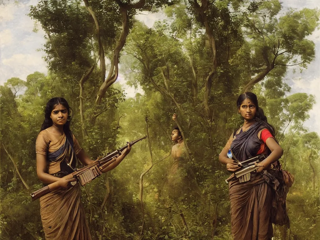 Image similar to sri lankan woman holding an ak 4 7 in a jungle next to an anc 8 8 ient ruin, by camille corot, third - person, f / 2 2, kinemacolor, rim lights, insanely detailed and intricate, hypermaximalist, elegant, ornate, hyper realistic, super detailed