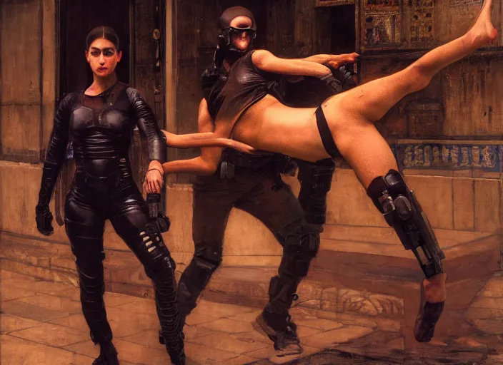 Prompt: Maria evades sgt Nash. Cyberpunk hacker in jumpsuit escaping menacing police troopers (blade runner 2049). beautiful face. flip. Iranian orientalist portrait by john william waterhouse and Edwin Longsden Long and Theodore Ralli and Nasreddine Dinet, oil on canvas. Cinematic, hyper realism, realistic proportions, dramatic lighting, high detail 4k