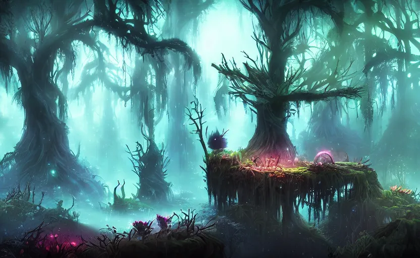 Image similar to dark ominous mysterious ambient magical forest landscape painting, fantasy, dreamlike, foggy, romantic, in the style of Ori and the Blind Forest