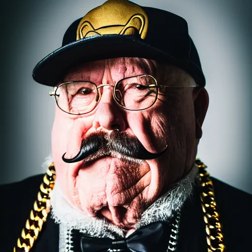 Image similar to dslr portrait photo still of!!! wilfred brimley!!! white mustache as a gangsta rapper with gold chains and gold teeth grills growling at camera, 8 k, 8 5 mm f 1. 8