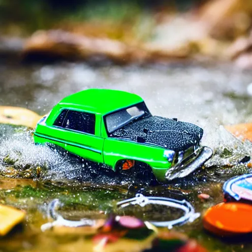 Image similar to macro photography of a toy hot wheels car driving through a creek in the rain, 3 5 mm