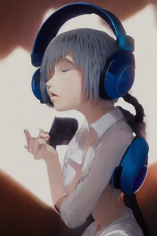 Image similar to a cute young woman listening to music with her eyes closed and wearing headphones by Ilya Kuvshinov, white bob cut hair, freckles, dark thunderclouds in the backround, blue filter, blue and white, vivid colors, soft lighting, cinematic, moody, nier automata, poster, oil on canvas, by Krenz Cushart, by Range Murata, 8k