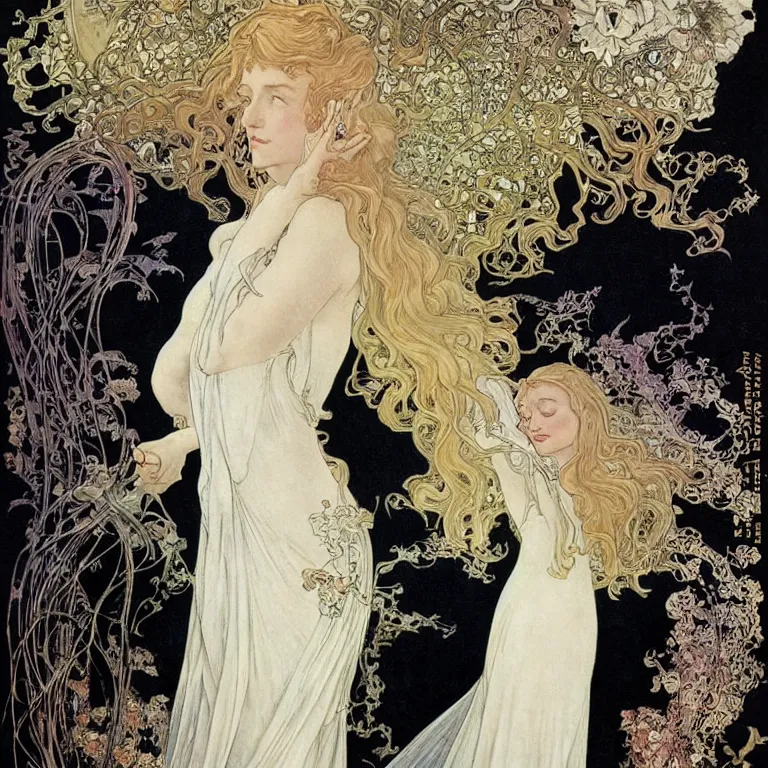 Image similar to Blonde woman standing in a white dress on a black background, with white roses Anton Pieck,Jean Delville, Amano,Yves Tanguy, Alphonse Mucha, Ernst Haeckel, Edward Robert Hughes,Stanisław Szukalski and Roger Dean
