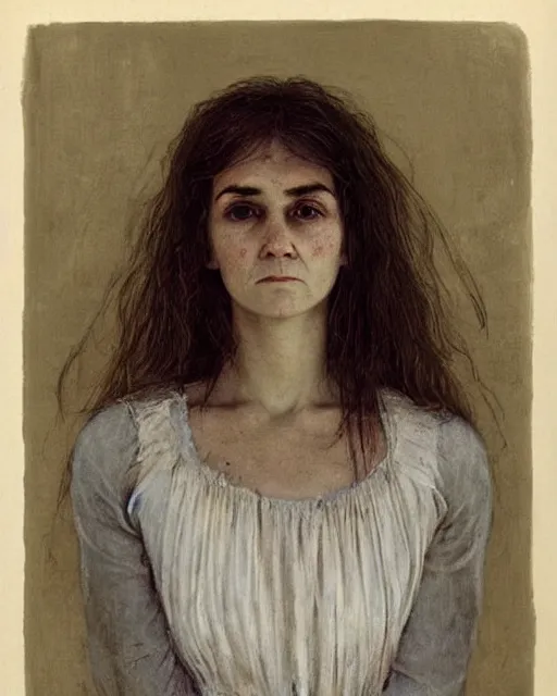 Image similar to a beautiful but sinister woman who looks like a young shirley henderson in layers of fear, with haunted eyes and crazy hair, 1 9 7 0 s, seventies, delicate embellishments, a little blood, crimson, painterly, offset printing technique, by jules bastien - lepage