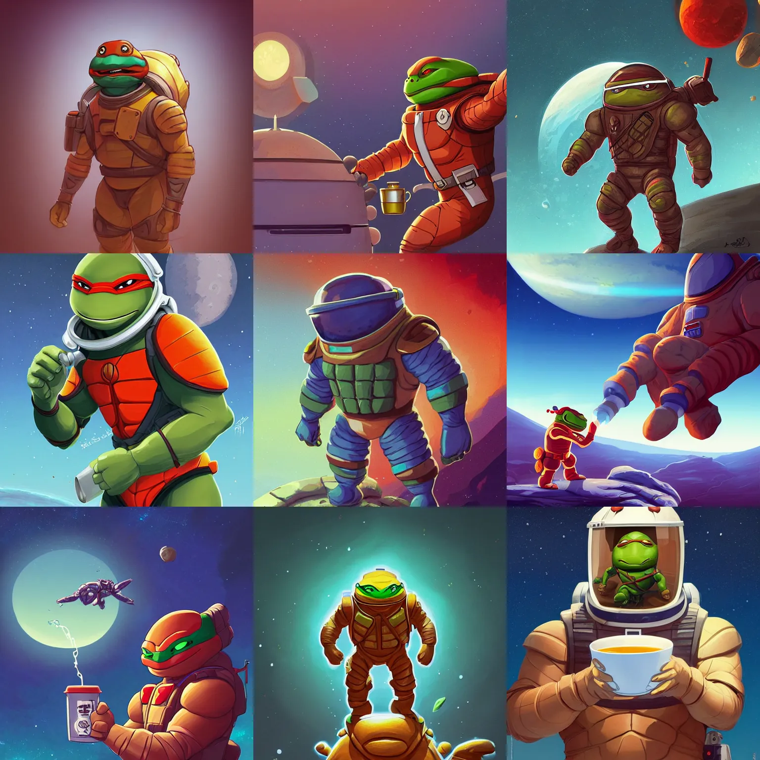 Prompt: muscular ninja turtle in a spacesuit drinks a steaming cup of tea on Mars, video game icon design, 2d game fanart, behance hd, by Jesper Ejsing, highlydetailed, by RHADS, Makoto Shinkai and Lois van baarle, ilya kuvshinov, rossdraws, global illumination