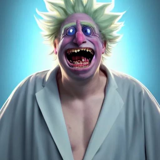 Image similar to Boris Johnson as a kind smiling Rick Sanchez from Rick and Morty, unibrow, white robe, big eyes, realistic cosplay, symmetrical, highly detailed, digital painting, artstation, concept art, smooth, sharp focus, illustration, cinematic lighting, art by artgerm and greg rutkowski and alphonse mucha