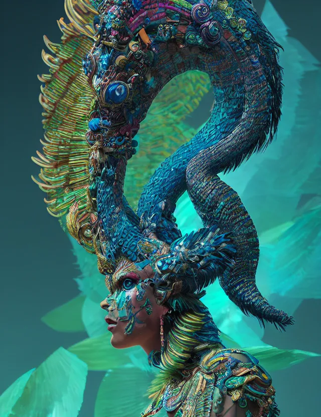 Prompt: goddess macro 3 / 4 profile portrait of quetzalcoatl. quetzal, feathers, bioluminiscent, creature, super intricate ornaments artwork by tooth wu and wlop and beeple and greg rutkowski