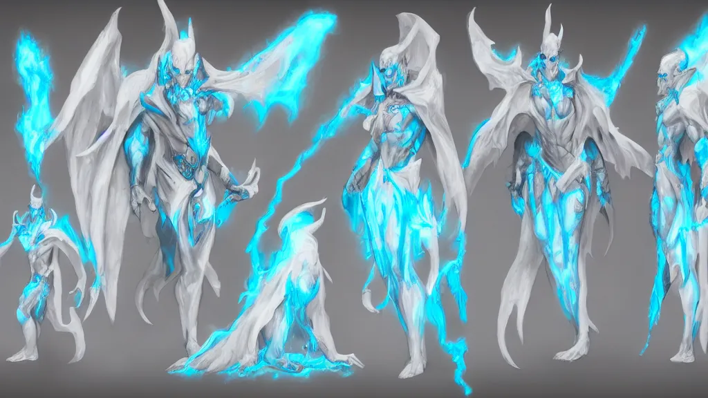 Image similar to a fantasy white and pale blue draconian demon with bright eyes character design sheet, trending on artstation