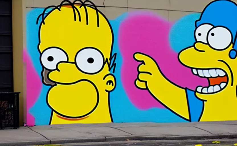 Prompt: a real life cartoon character homer simpson covered with graffiti by henry chalfant