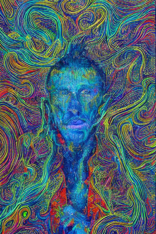 Image similar to a highly textured hyper detailed painting of a mystical man connected to his higher self in a spiritual psychedelic cosmos