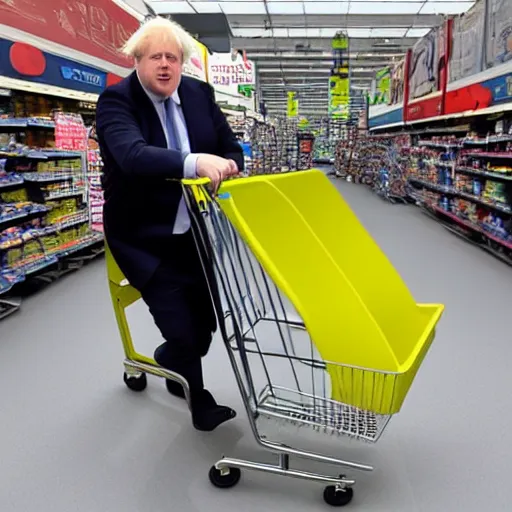 Prompt: Wide Angle Photo Boris Johnson doing Jackass Stunt over a shopping cart